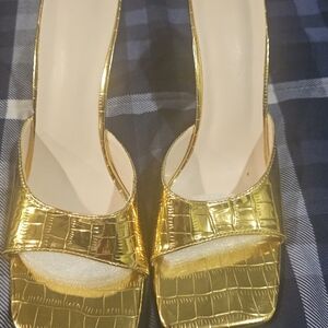 Gold Metallic Croc-Embossed Heel Slippers.  3inch Heel.